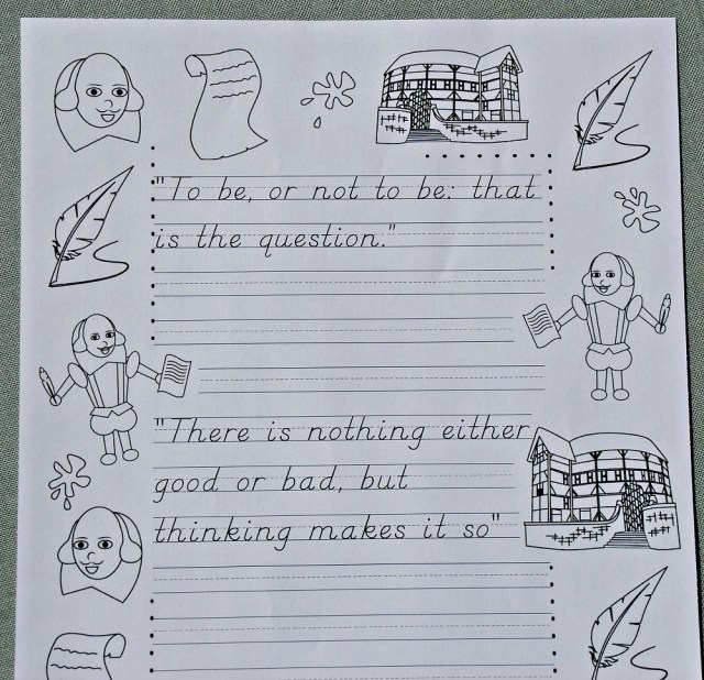 Activity Village has a series of copywork pages all using famou Shakespeare quotes
