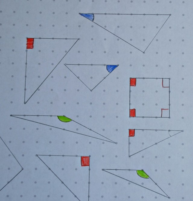 colouring in different types of angles different colours to help the kids get familar with them