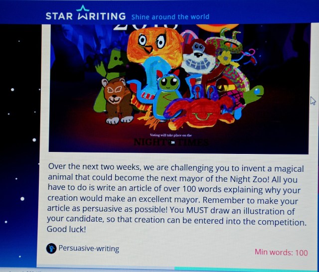Night Zookeeper website. A star writing challenge for the children to complete