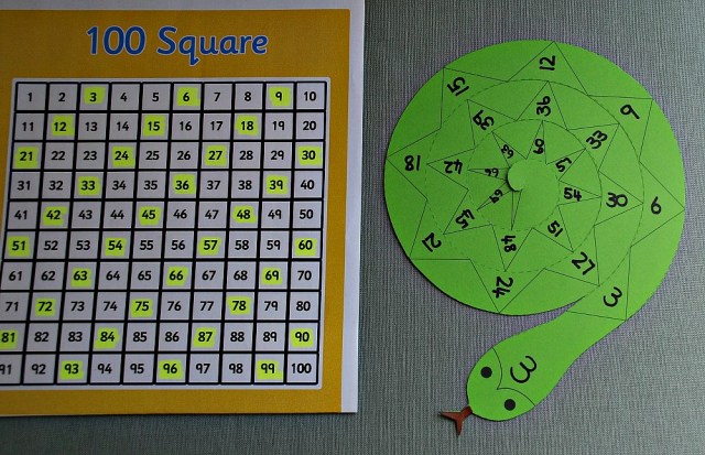 Using a spiral snake to practice counting in 3's