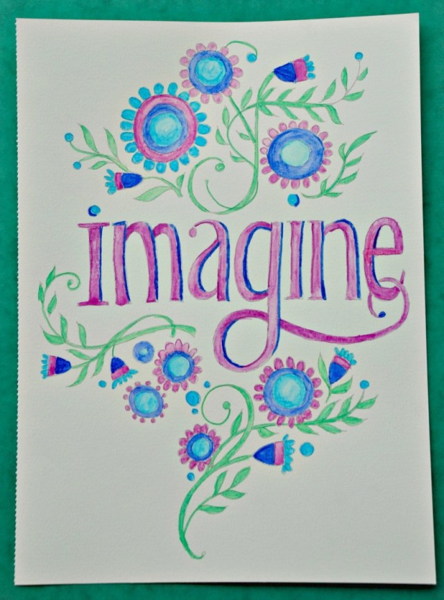 Just Add Watercolours Happy Thoughts book by Robin Pickens. The Imagine template completed by one of my kids