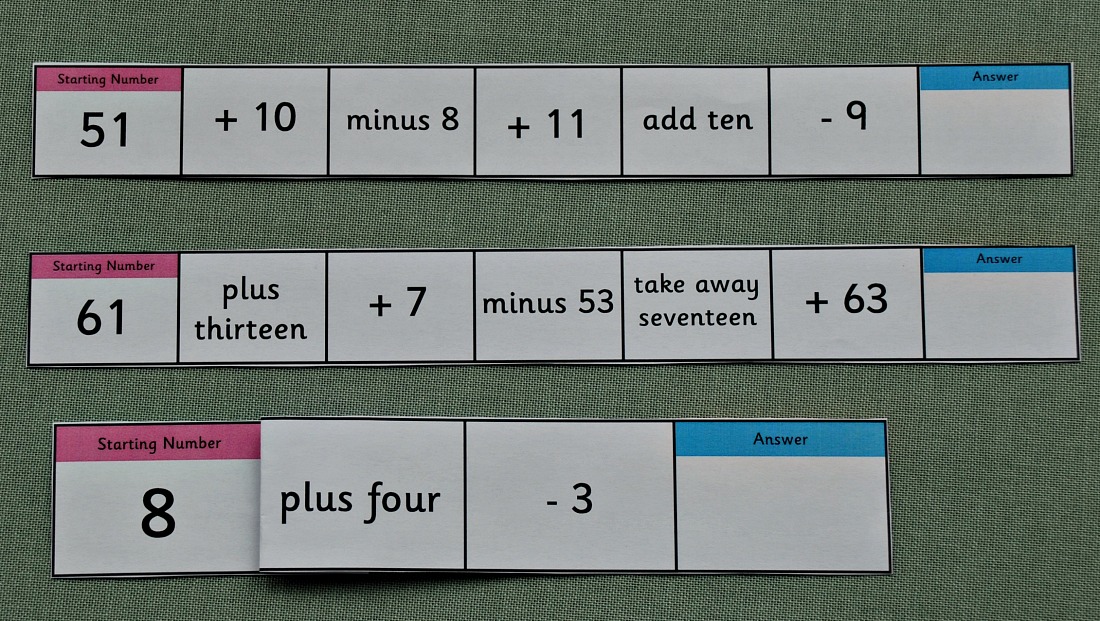 The Mental Maths Gym pages from Activity Village cut into strips so that we can mix up the order