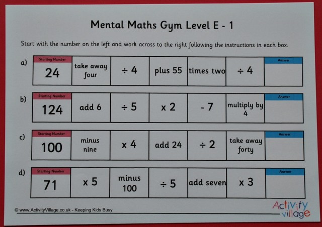 Activity Village Mental Maths Gym Set E. Maths practice pages
