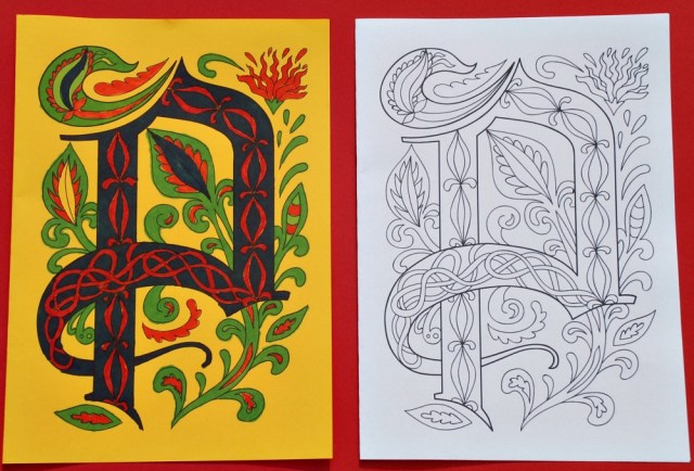 Colouring Card from Activity Village. Illuminated Letters. All the letters of the alphabet are included in the pack of colouring cards