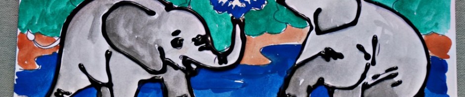 Elephant Scene colouring card from Activity Village. Elephants outlined with dimensional paint