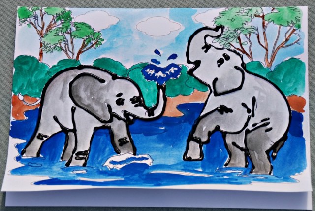 Elephant Scene colouring card from Activity Village. Elephants outlined with dimensional paint