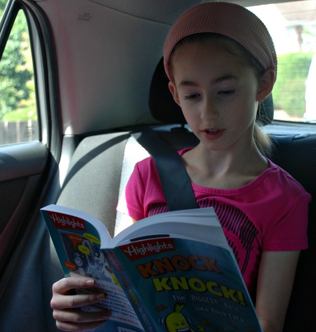 Using the Knock Knock! Joke book in a car trip to keep the kids entertained