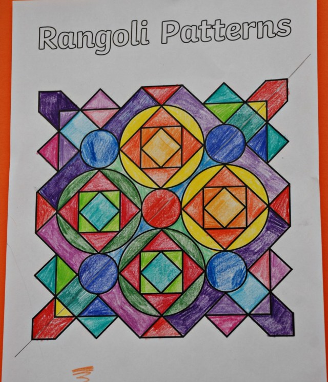 Using the Rangoli Pattern colouring page to explain lines of symmetry