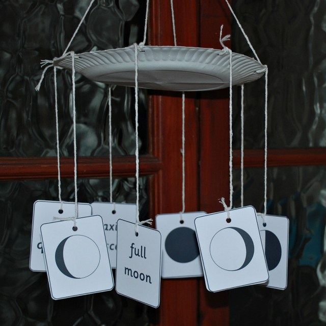Phases of the Moon mobile. Created using the moon phase matching cards from Activity Village