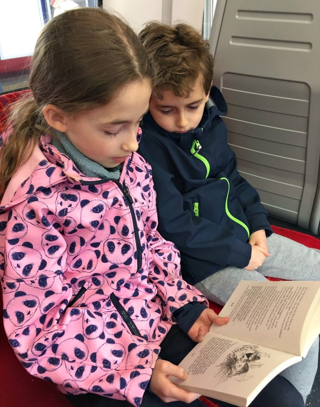 reading a How to Train Your Dragon book on the train