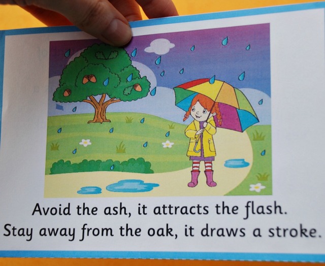 Weather Myths flashcards from Activty Village. One side has the picture and quote and the other side the explanation on it