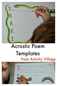 Acrostic Poem Templates from Activity Village.  A fun way to encourage writing.