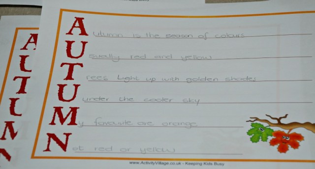 Autumn Acrostic Poem using a page downloaded from the Activity Village website