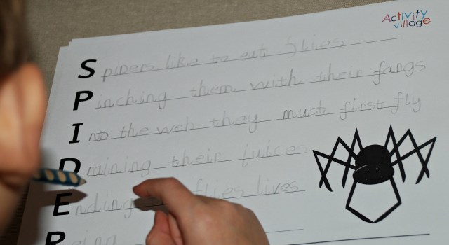 Writing a spider Acrostic poem using the spider template from Activity Village