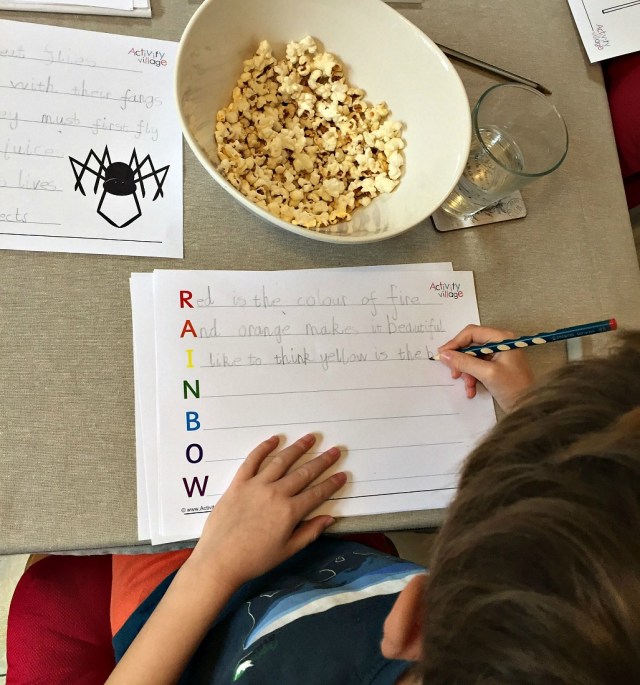 writing Acrostic poems while eating popcorn