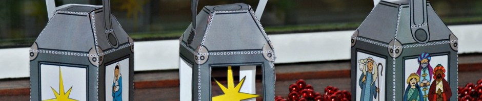 Christmas lanterns made using story stone and colouring page images