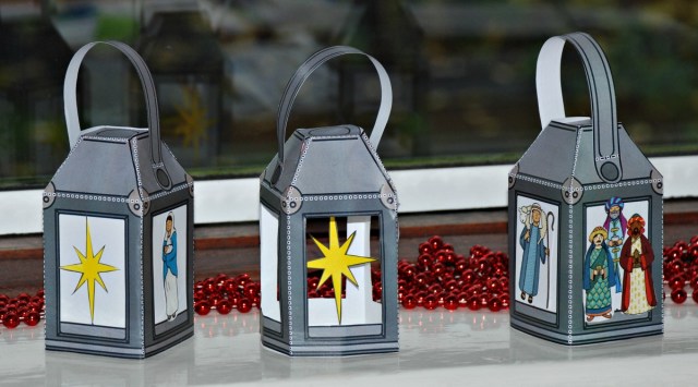 Christmas lanterns made using story stone and colouring page images