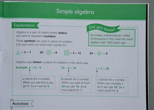 Number patterns and Algebra workbook an example of an explanation included in the book