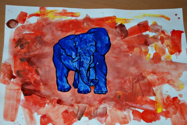 Blue elephant in a Sandstorm. Elephant template from Activity Village
