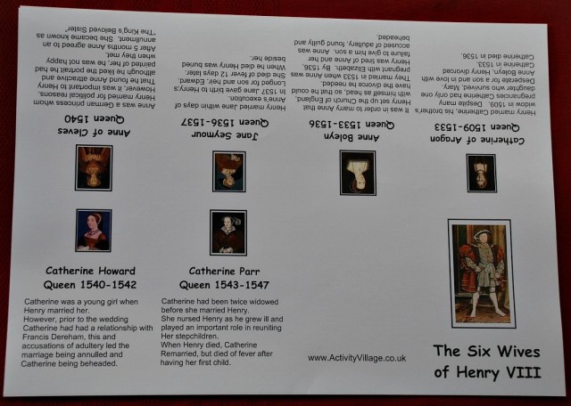 The 6 Wives of Henry VIII booklet from Activity Village