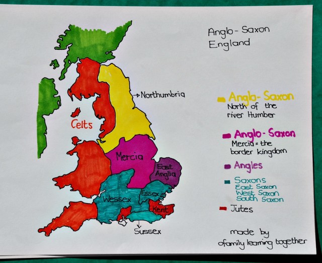 Map of the Anglo-Saxon Kingdoms of England. Free to download hand-drawn by ofamilylearningtogether.com