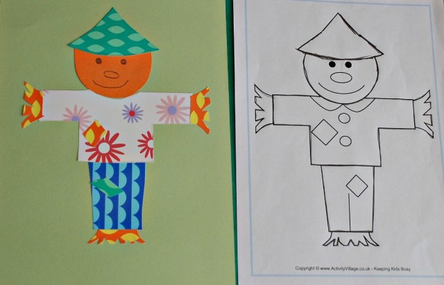 Colourful Paper Collage. A scarecrow made using a colouring page from Activity Village