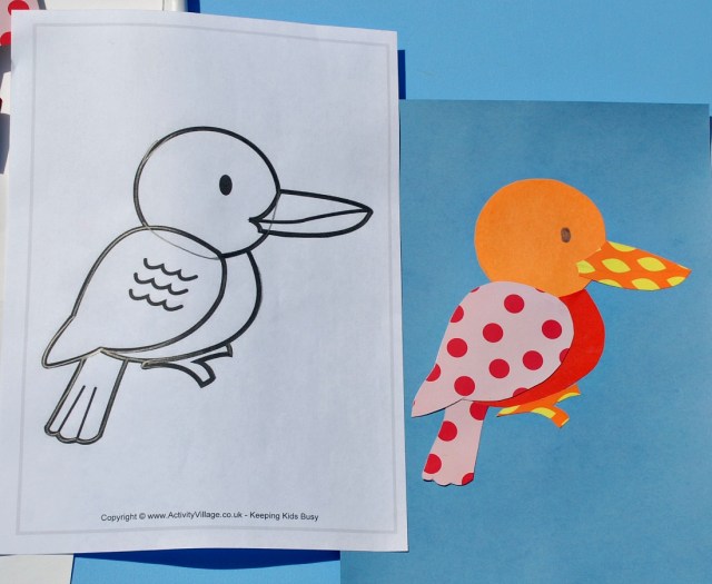 Colourful paper collage. Using a bird colouring page to create a colourful bird