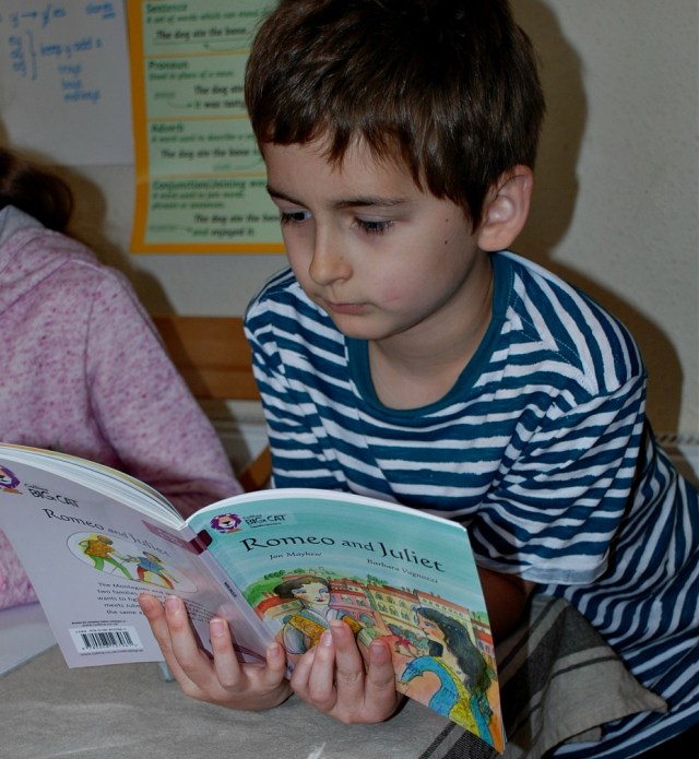 My 8 year old reading Romeo and Juliet by Collins