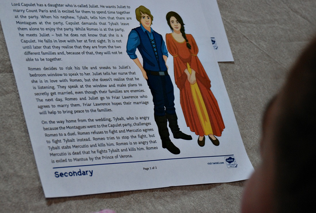 Twinkl. Reading the Romeo and Juliet Plot summary pages downloaded from Twinkl