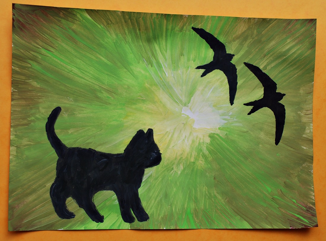 Animal silhouette paintings. A cat with 2 swallows