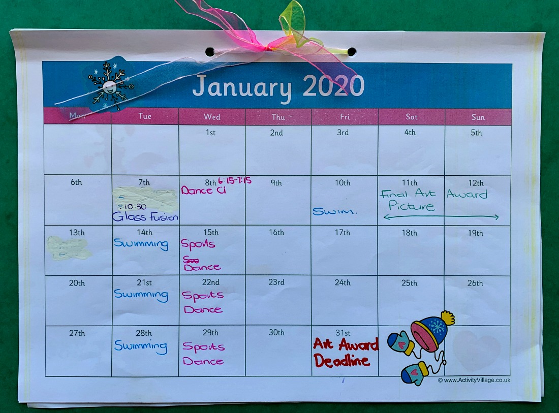 2020 Calendar pages from Activity Village