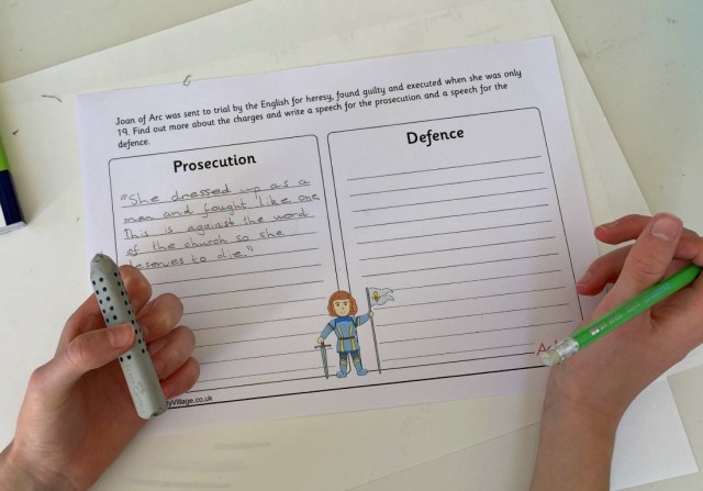 The prosecution vs defence page for Joan of Arc from Activity Village