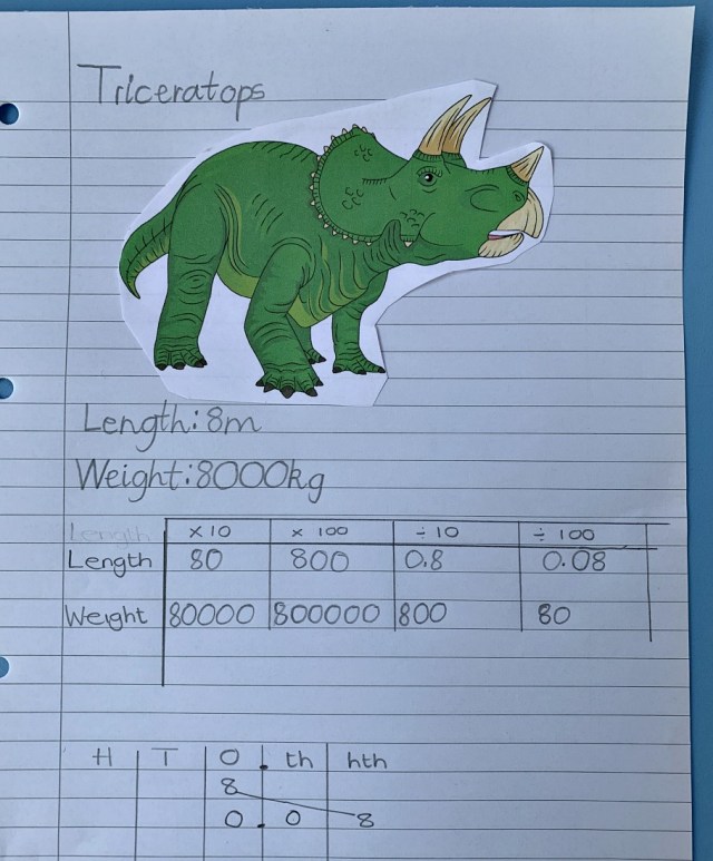 multiplying by 10, 100 with dinosaurs