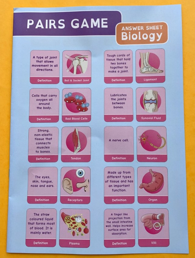 Pairs Game Biology set answer booklet. From Oaka Books