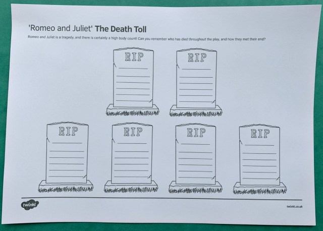 Romeo and Juliet the Death Toll page from Twinkl Resources
