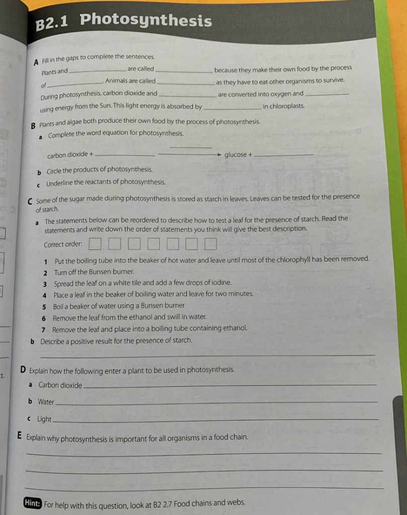 Activate 2 workbook Photosynthesis. Higher workbook