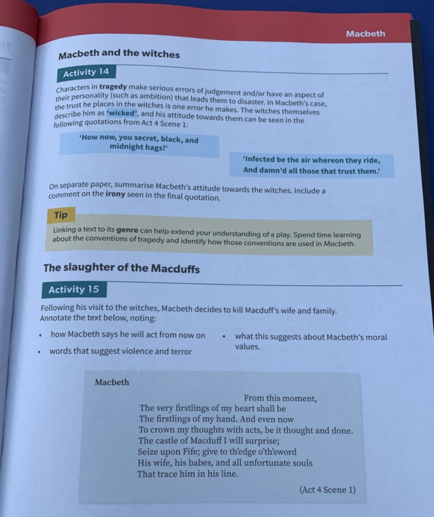 Macbeth revision workbook suitable for GCSE and IGCSE